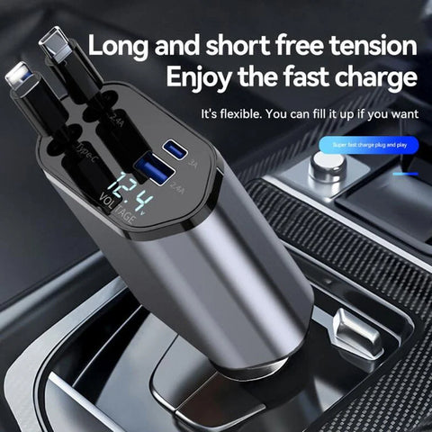 4-in-1 Retractable Car Charger | Dual USB & USB-C PD Fast Charging, 100W