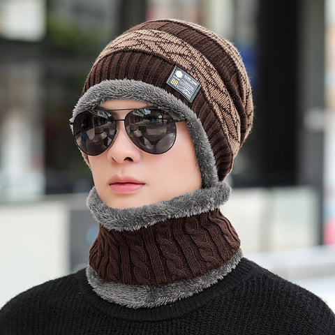 Men's New Fashion Winter Warm Beanie Hat And Scarf Set, Knitted Skull Cap Neck Warmer
