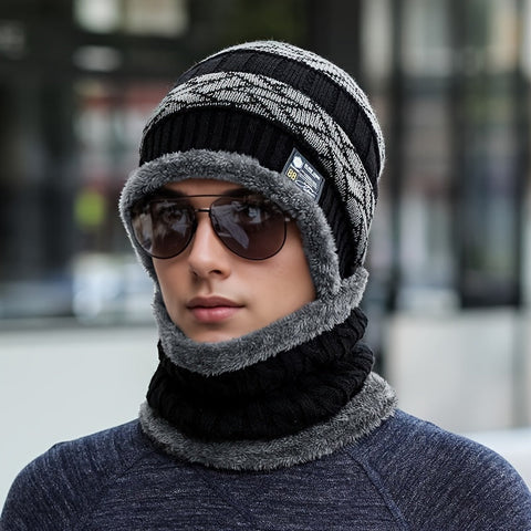 Men's New Fashion Winter Warm Beanie Hat And Scarf Set, Knitted Skull Cap Neck Warmer