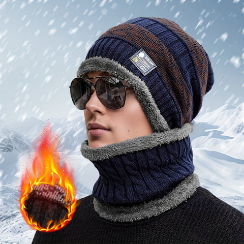 Men's New Fashion Winter Warm Beanie Hat And Scarf Set, Knitted Skull Cap Neck Warmer